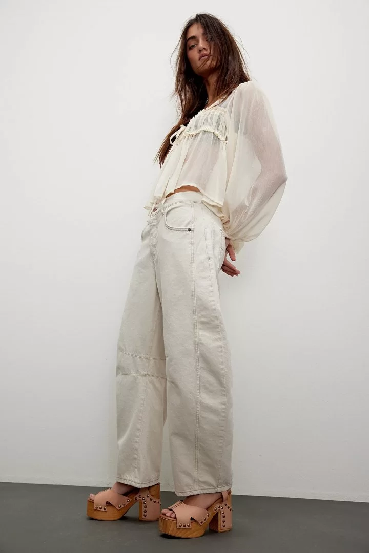 FREE PEOPLE We The Free Good Luck Mid-Rise Barrel Jeans-Milk Creme - Image 4