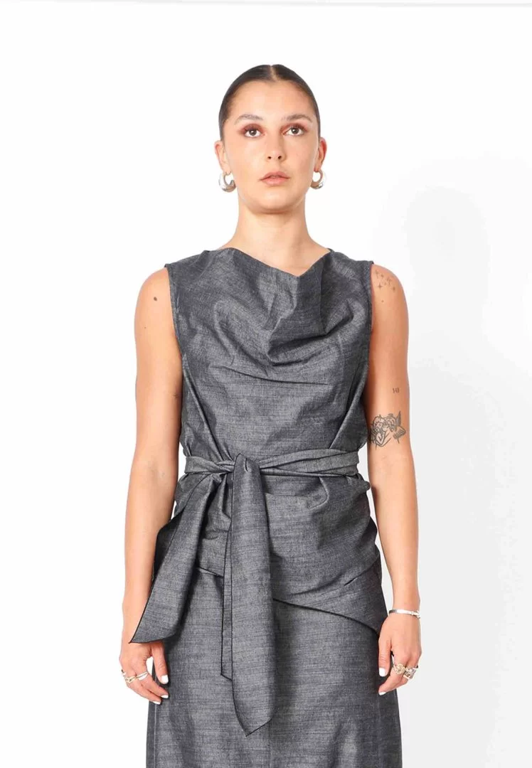 SORT AARHUS Top with waist tie-Grey - Image 3