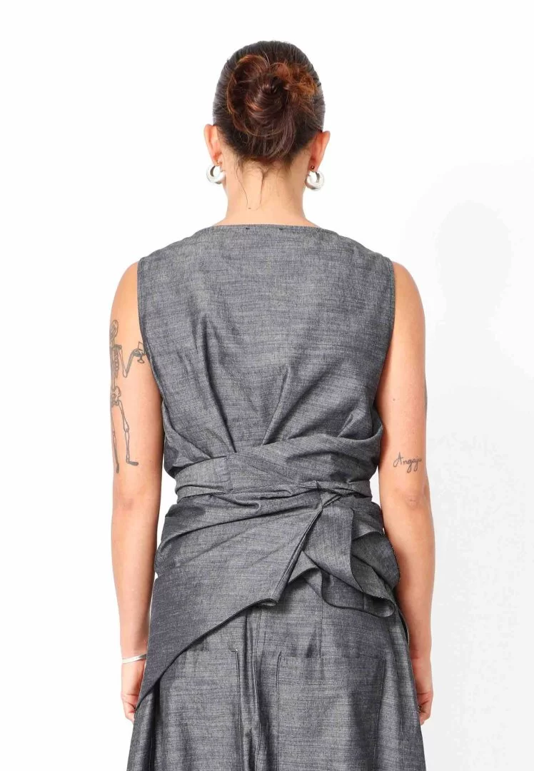 SORT AARHUS Top with waist tie-Grey - Image 6