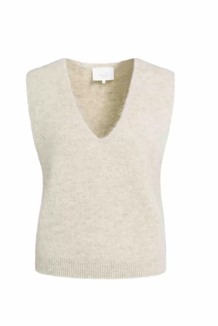 YAYA Soft knit spencer with deep V-neck-Light Beige Melange - Image 6