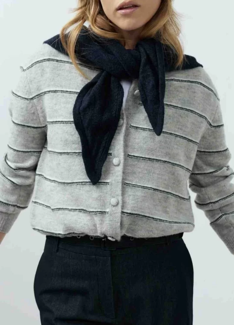 YAYA Striped knitted cardigan with tie detail-Medium Grey Melange - Image 7
