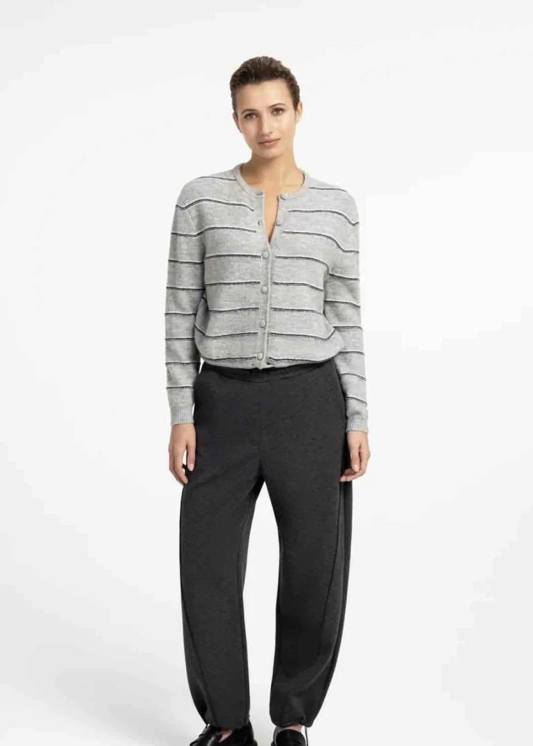 YAYA Striped knitted cardigan with tie detail-Medium Grey Melange - Image 8