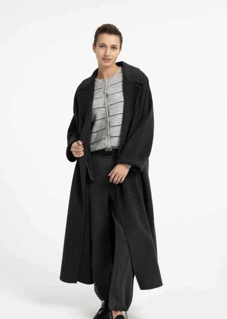 YAYA Striped knitted cardigan with tie detail-Medium Grey Melange - Image 9