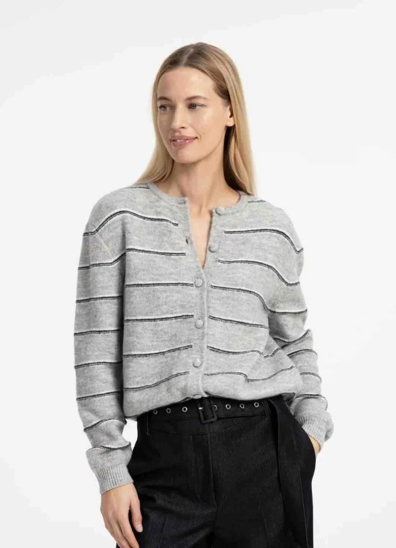 YAYA Striped knitted cardigan with tie detail-Medium Grey Melange - Image 2