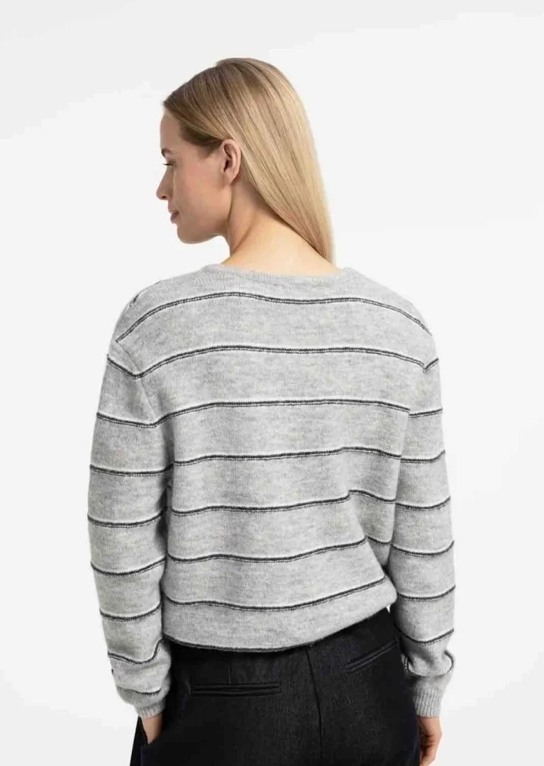 YAYA Striped knitted cardigan with tie detail-Medium Grey Melange - Image 3