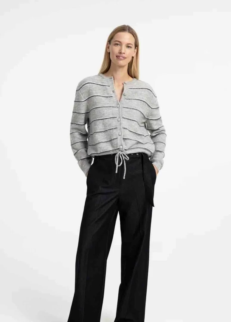 YAYA Striped knitted cardigan with tie detail-Medium Grey Melange - Image 4