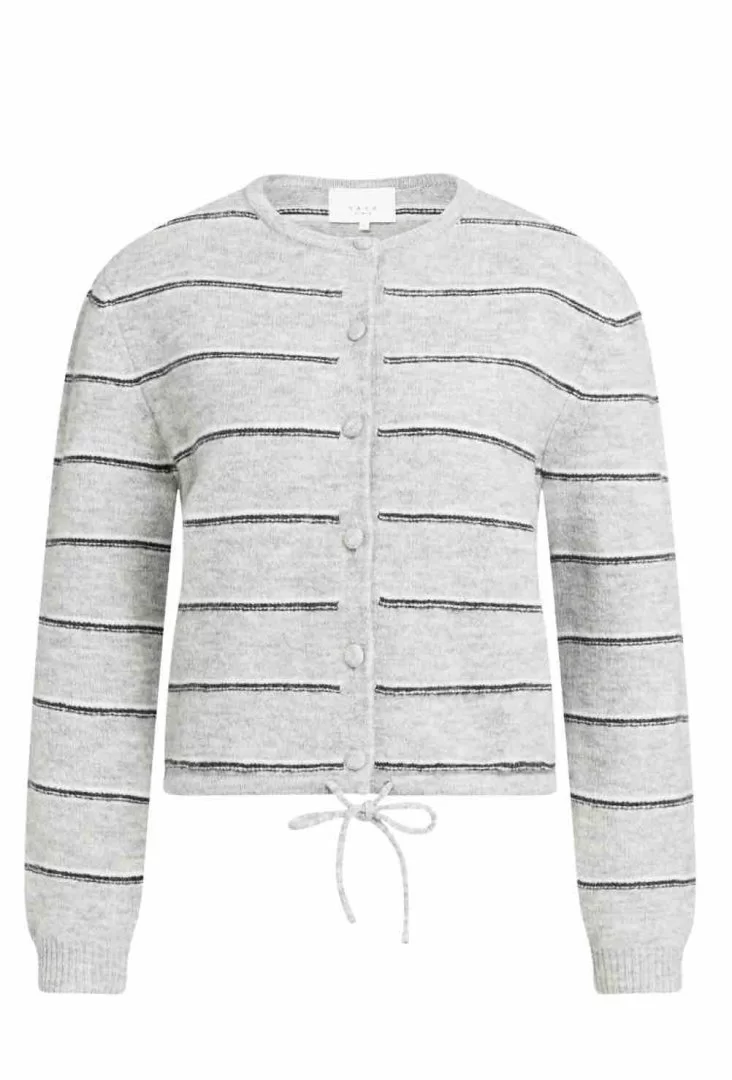 YAYA Striped knitted cardigan with tie detail-Medium Grey Melange - Image 5